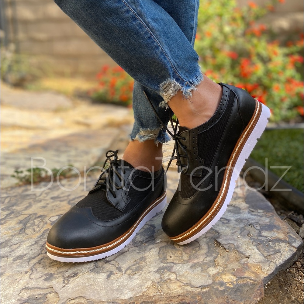 Vegan Leather Black Wing Tip White Sole Oxfords
